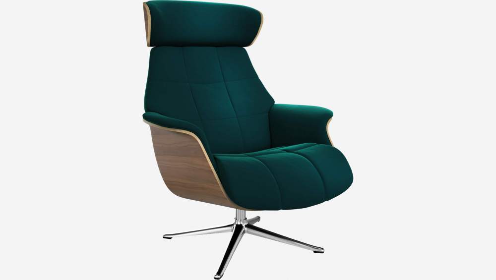 Sessel aus Nussbaum und Samt - Smaragdgrün - Aluminiumfuß