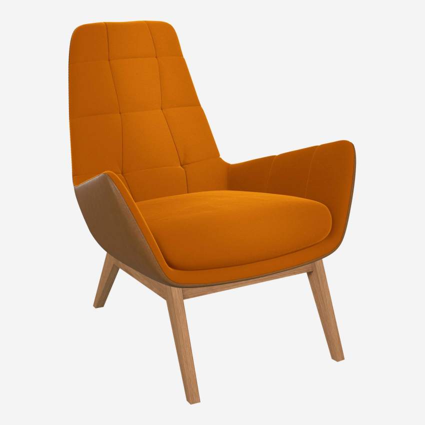 Sessel aus Samt - Senfgelb und Vintage-Leder - Eichenfüße