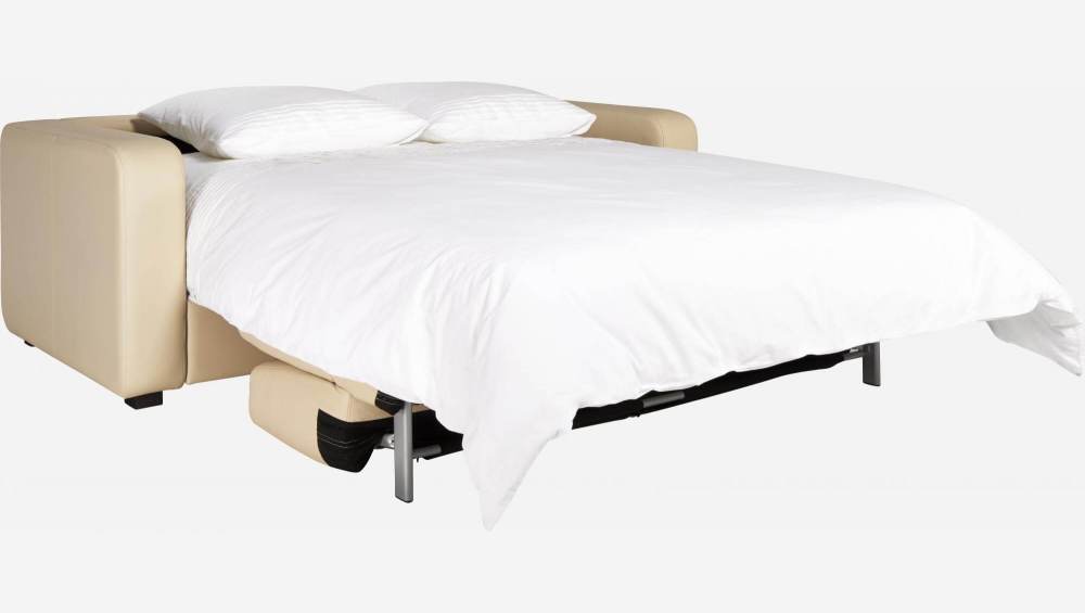 Sofá cama 3 plazas de piel + somier de láminas - Crema