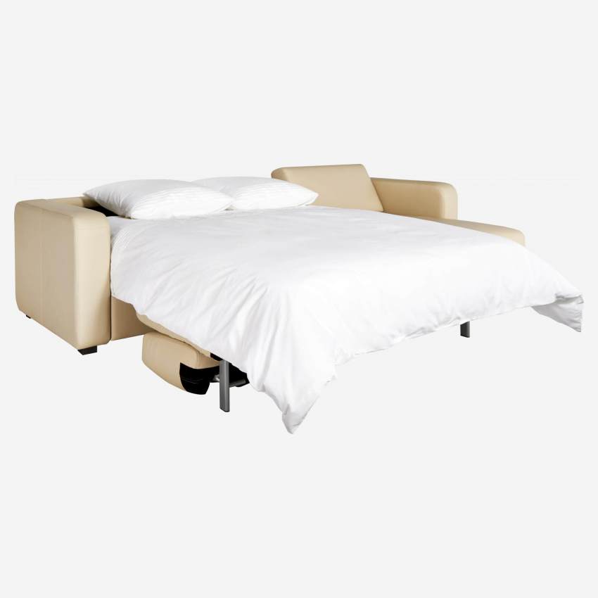 Sofá cama esquinero reversible 3 plazas de piel con almacenaje + somier de láminas - Crema