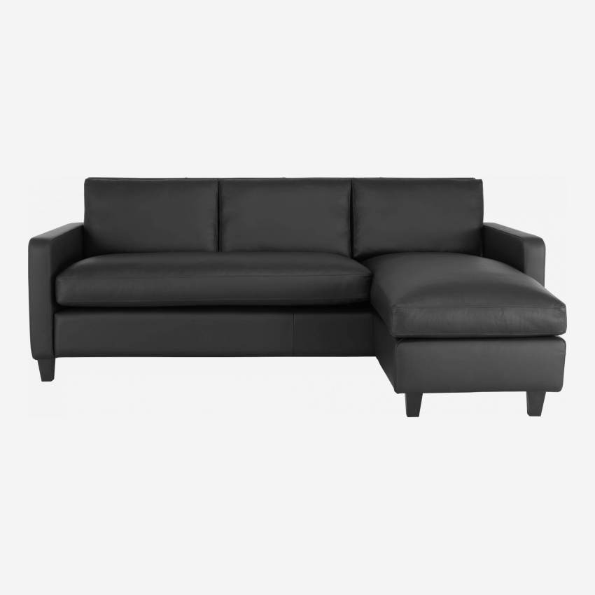 Canapé d'angle 2 places en cuir - Noir - Pieds noirs