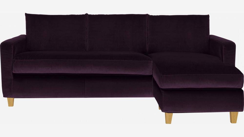 Canapé d'angle 2 places en velours - Violet - Pieds chêne