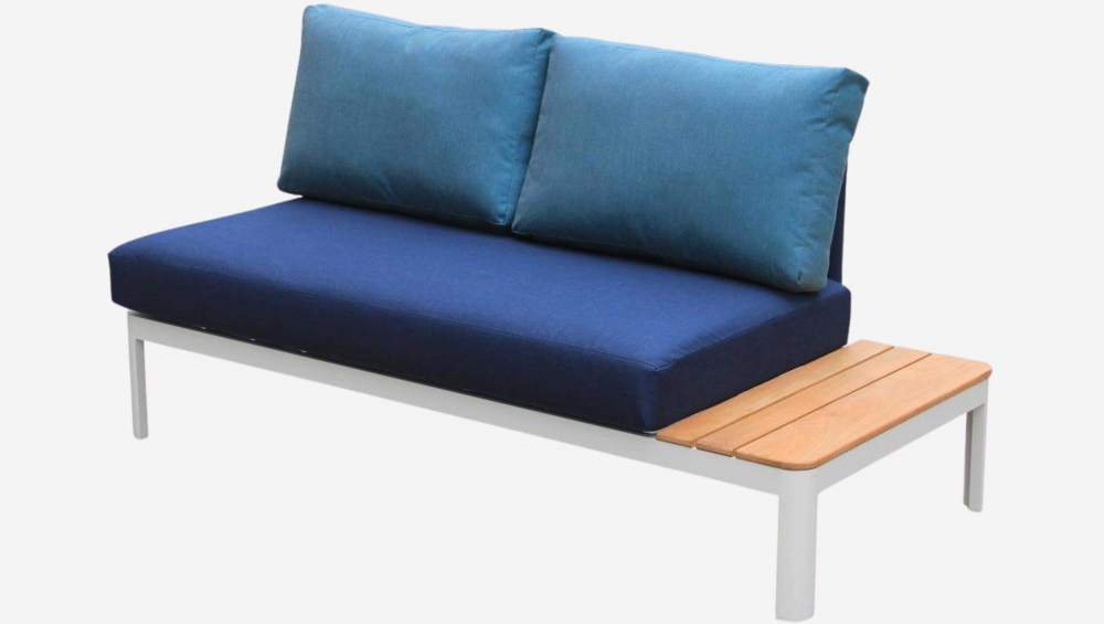 Canapé de jardin en aluminium blanc poudré avec table à droite + Coussins Sunbrella bleu indigo
