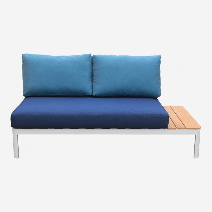 Canapé de jardin en aluminium blanc poudré avec table à droite + Coussins Sunbrella bleu indigo
