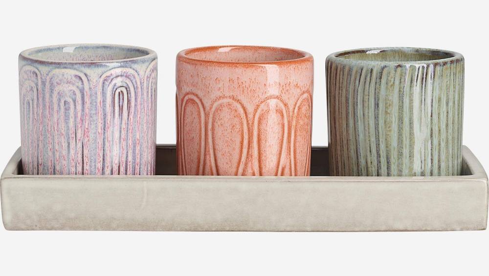 Set van 3 potten met dienblad van aardewerk - Grijs, oranje en roze