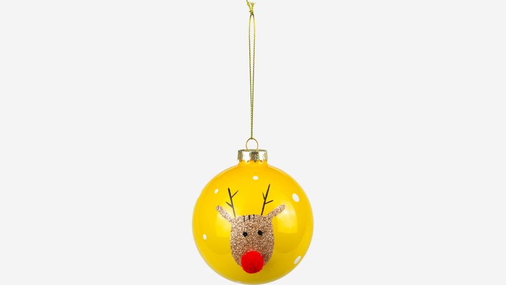 Decoración navideña - Bola de vidrio cara de reno - Amarilla