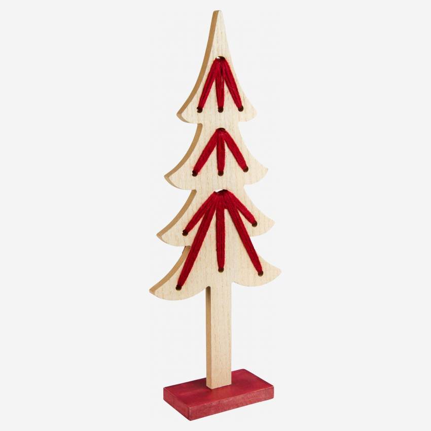 Decoração de Natal - Árvore de madeira para pousar - 35cm - Natural e vermelho