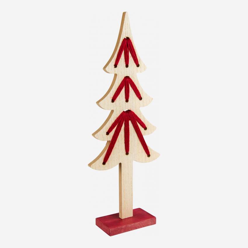 Decoración navideña - Abeto de madera - 35 cm - Natural y rojo