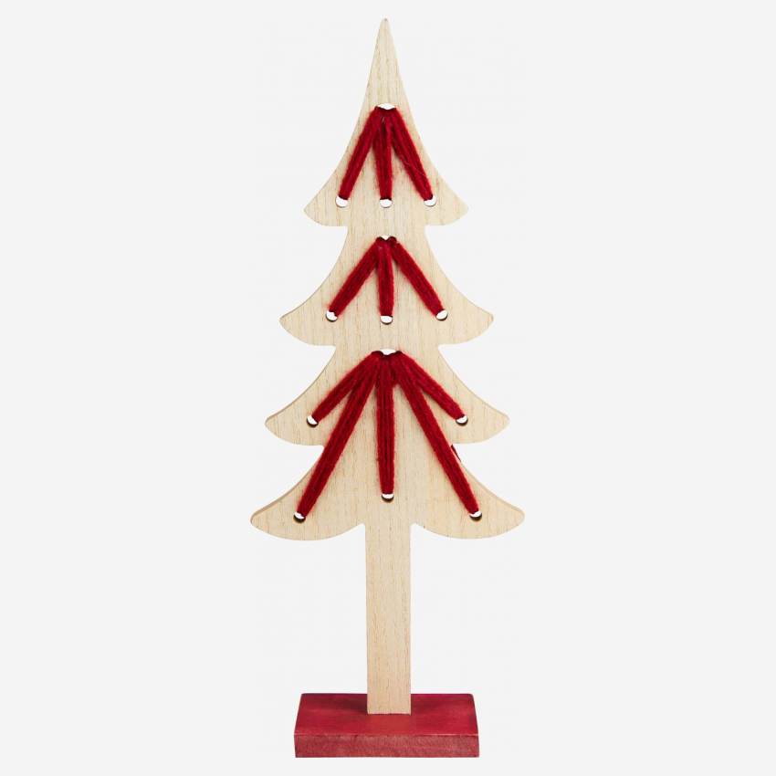 Decoración navideña - Abeto de madera - 35 cm - Natural y rojo