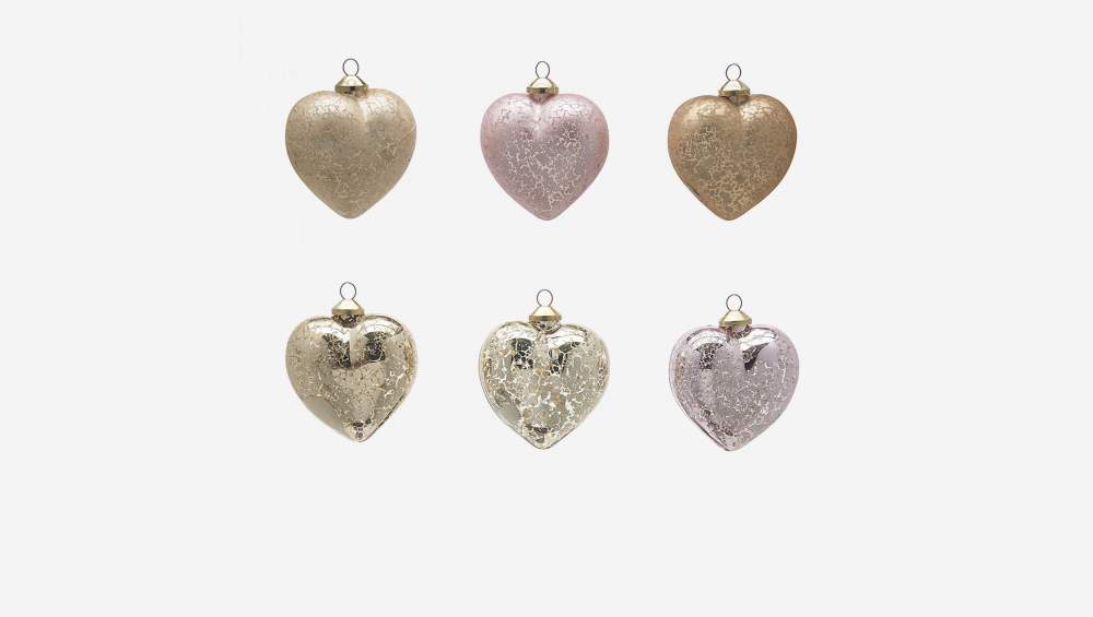 Set de 6 corazones decorativos 8cm en vidrio rosa y dorado