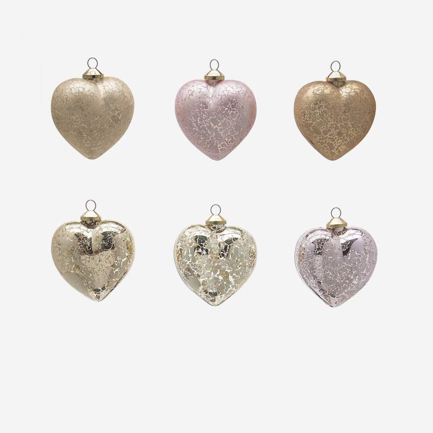 Set di 6 decorazioni cuore 8cm in vetro rosa e oro