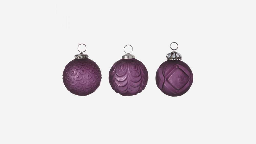 Set aus 3 Weihnachtsbaumkugeln D.7/8 aus Glas, violett