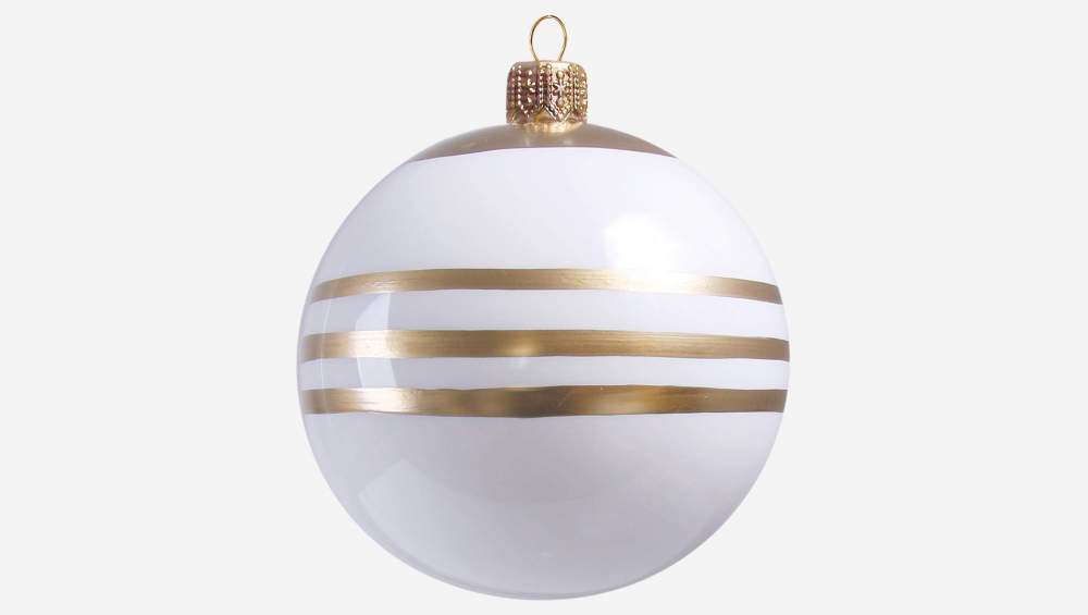 Bola navidad 8cm en vidrio blanco y rayas doradas.