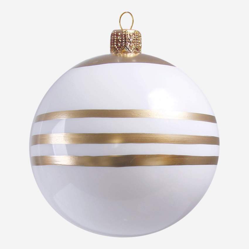 Kerstbal D.8 van wit glas met goudkleurig streeppatroon