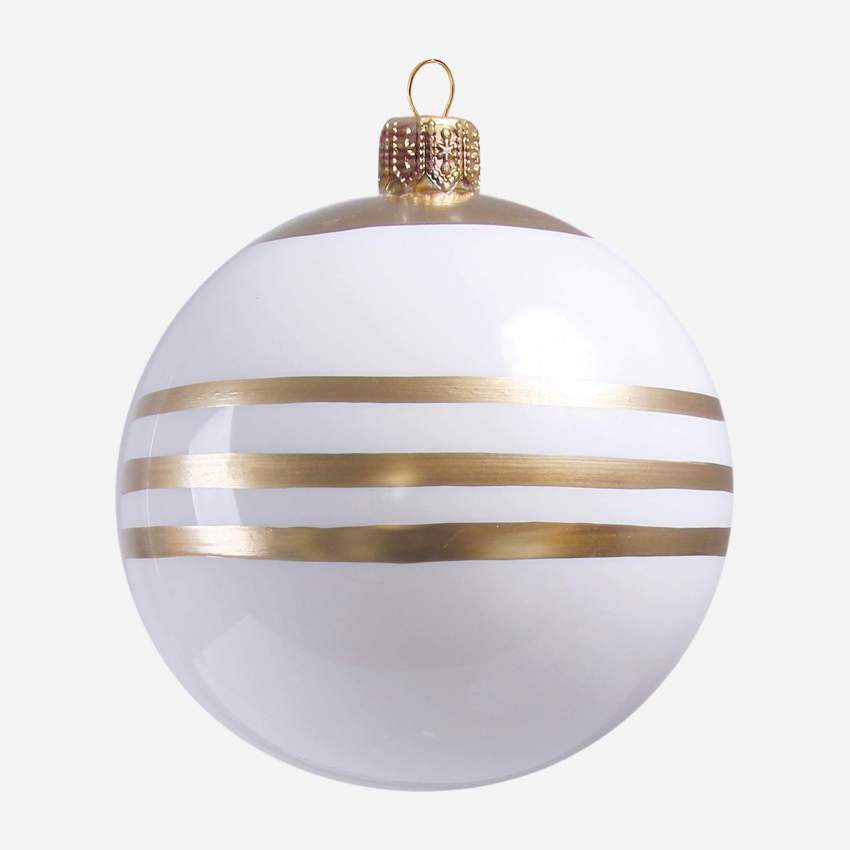 Bola navidad 8cm en vidrio blanco y rayas doradas.