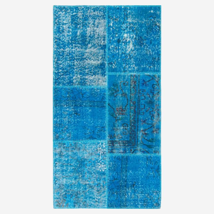 Tapis patchwork en laine - 80 x 150 cm - Motif bleu
