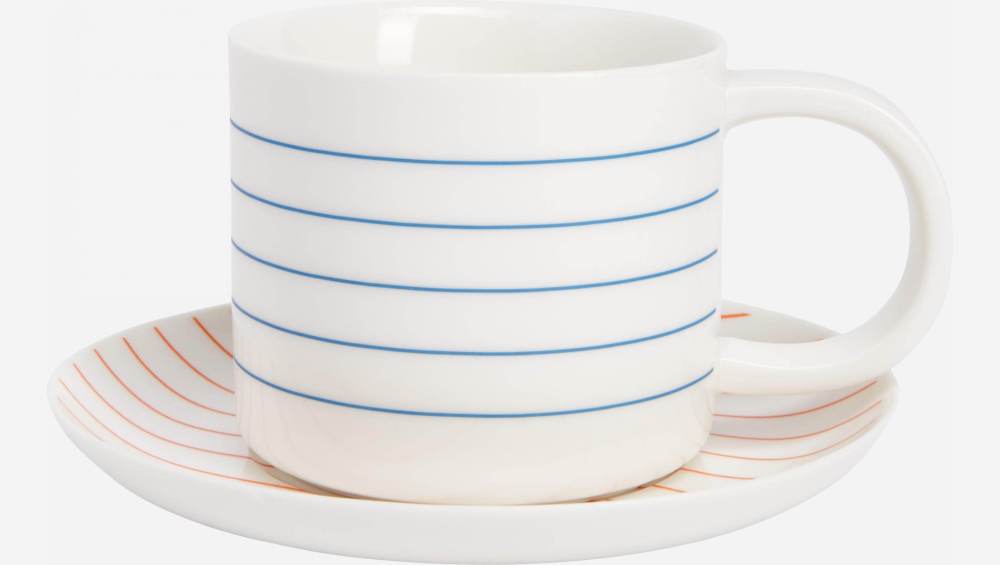 Tasse à thé et soucoupe en porcelaine à rayures rouges