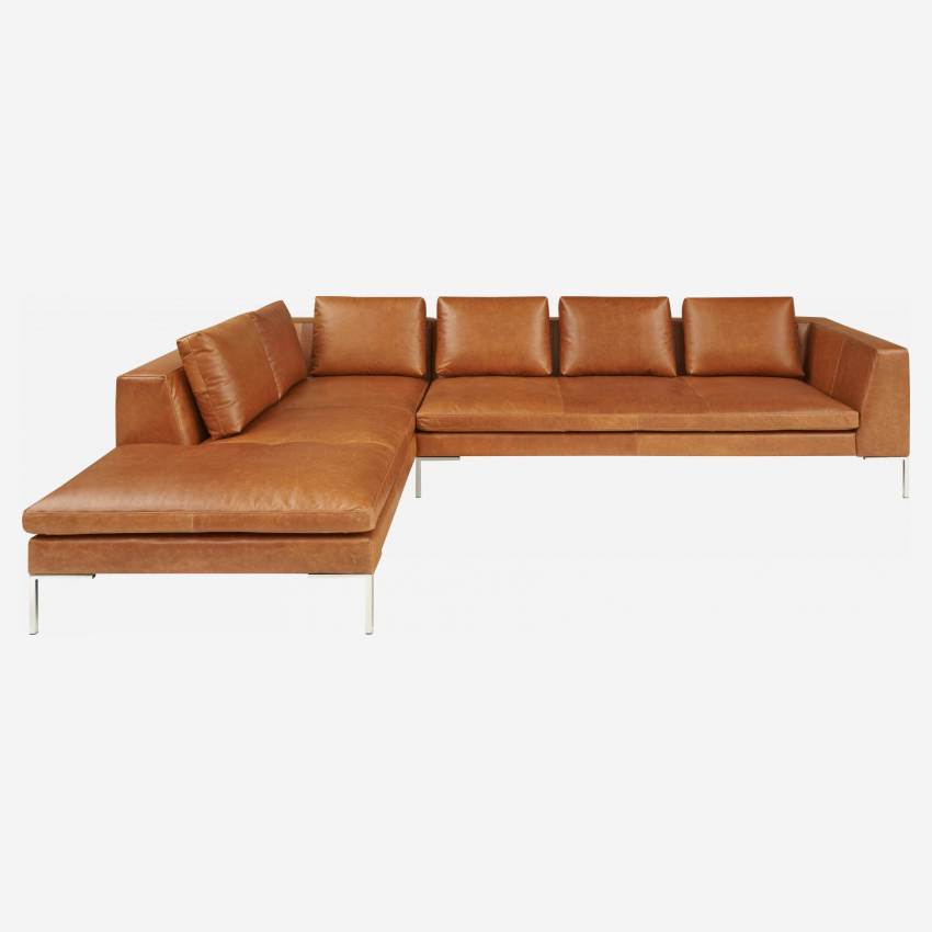 Divano a 3 posti con chaise longue a sinistra in pelle Vintage Leather - Marrone cognac