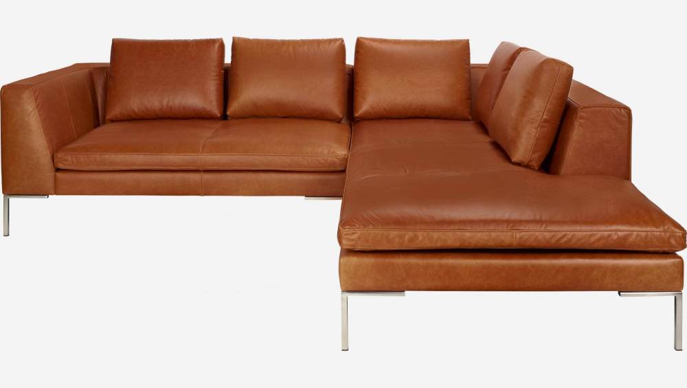 Canapé 2 places avec méridienne droite en cuir Vintage Leather - Marron cognac