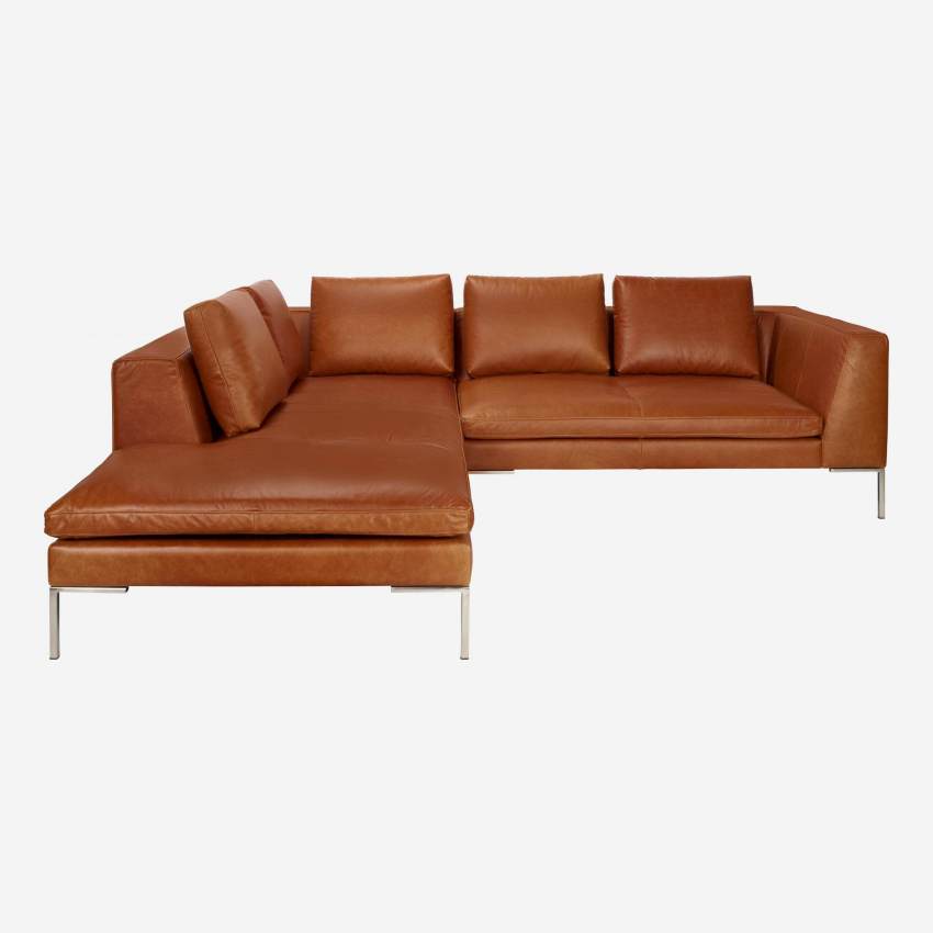 Sofá de 2 lugares com chaise longue esquerda em pele Vintage Leather - Castanho conhaque