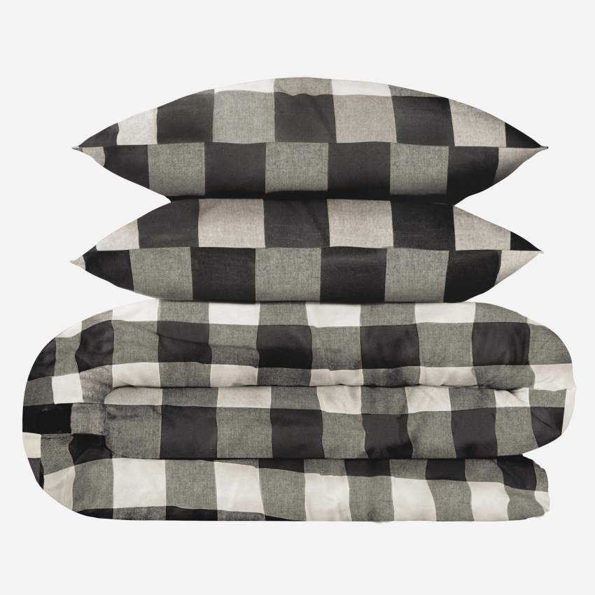 Parure de lit en flanelle de coton - 240 x 260 cm - Motif Vichy noir
