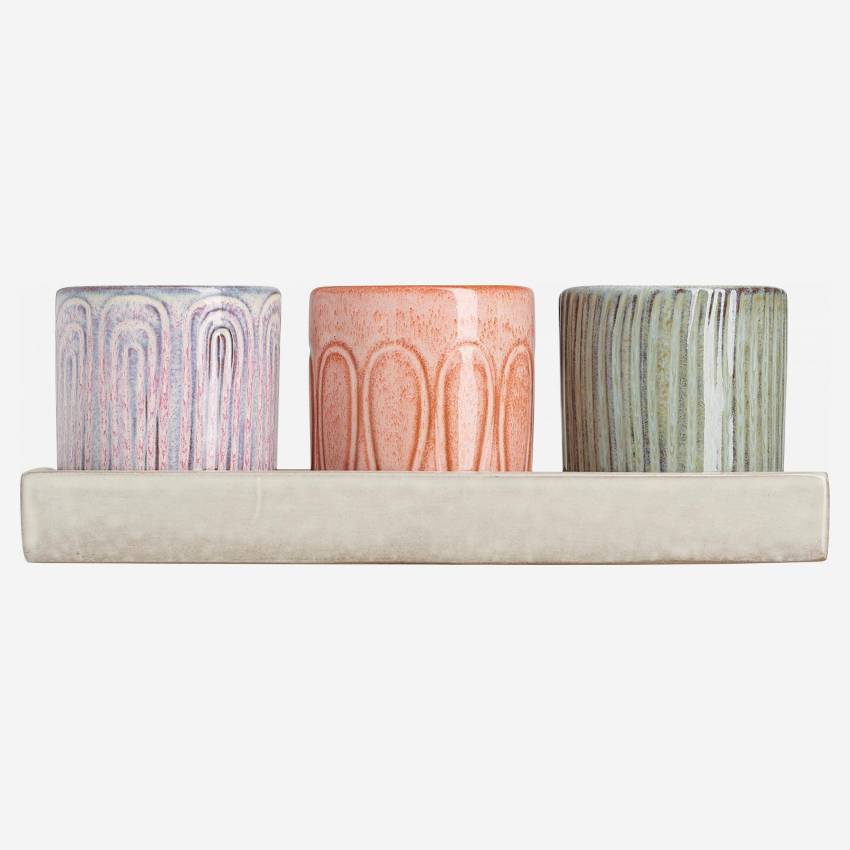 Set van 3 potten met dienblad van aardewerk - Grijs, oranje en roze