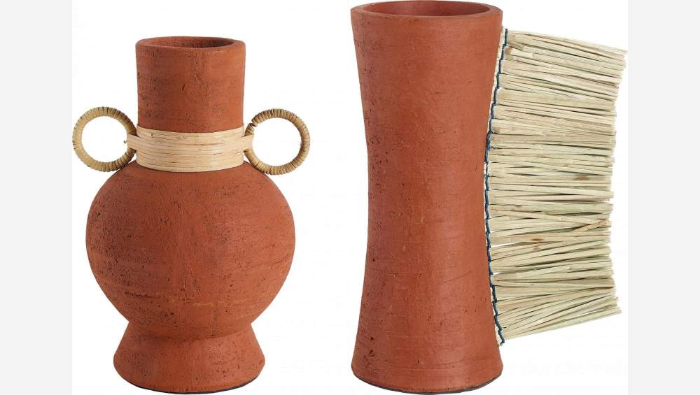 Vase en terracotta et mendong - 28,5 cm - Rouge foncé