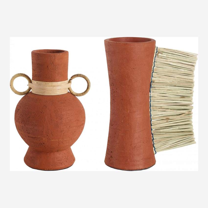 Vase en terracotta et mendong - 28,5 cm - Rouge foncé