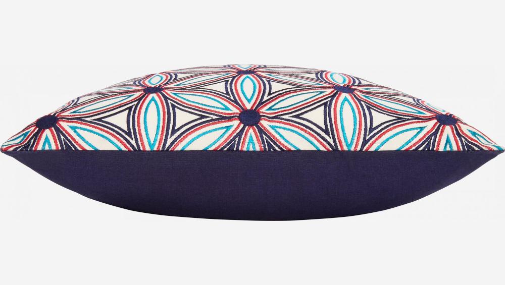 Cuscino in cotone ricamato 45x45cm con motivi blu - Design di Floriane Jacques