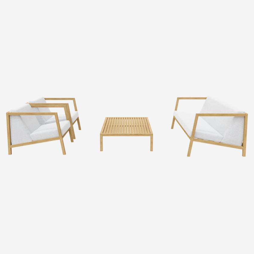 Tuinset met 1 bank + 2 fauteuils + 1 houten salontafel van eucalyptus