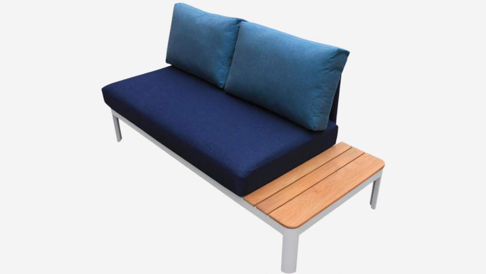 Sofá de jardín de aluminio blanco empolvado con mesa a la derecha + Cojines Sunbrella azul índigo