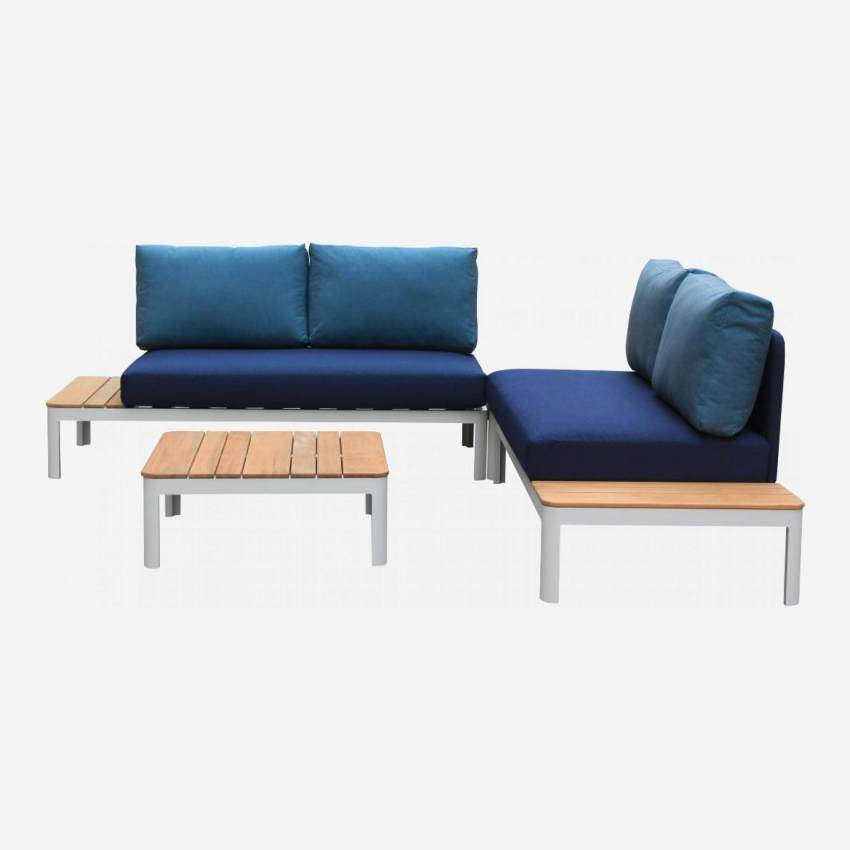 Outdoor-Sofa aus Aluminium mit Tisch rechts + Kissen Sunbrella - mattes Weiß