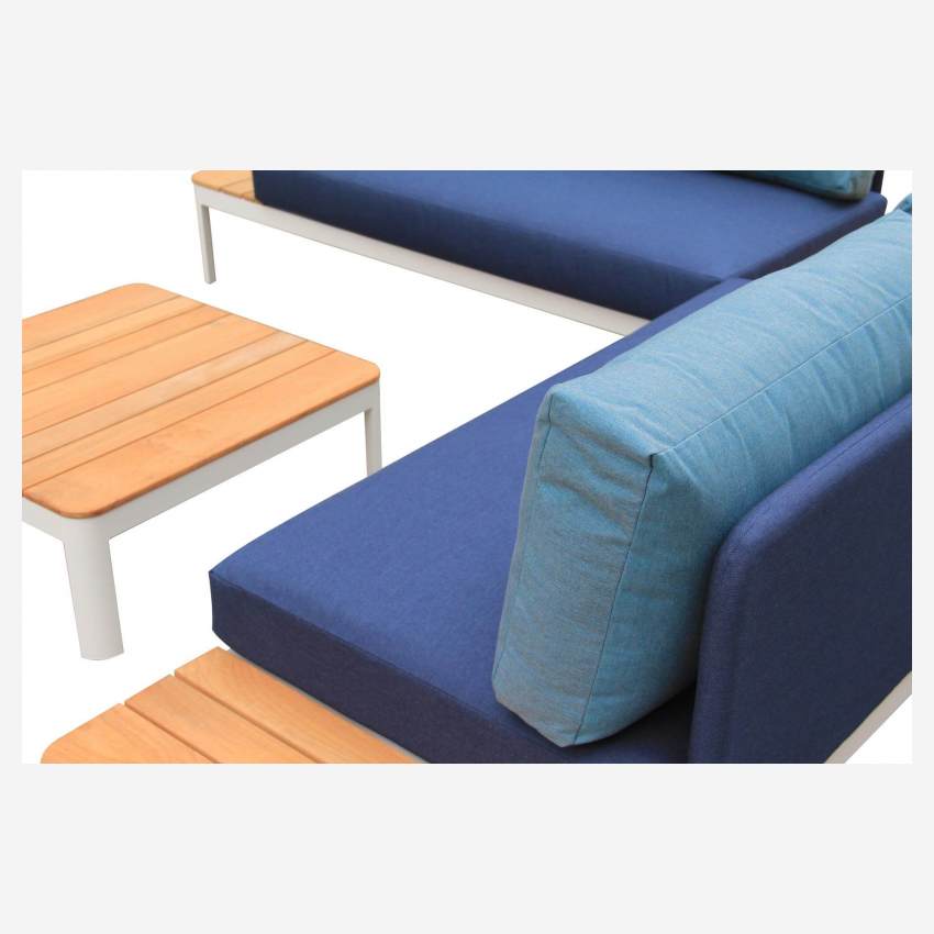 Sofá de jardín de aluminio blanco empolvado con mesa a la derecha + Cojines Sunbrella azul índigo