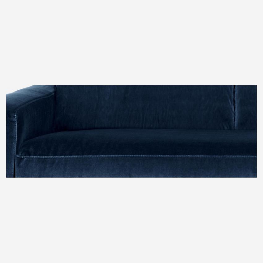 Canapé d'angle 2 places en velours - Bleu marine - Pieds chêne