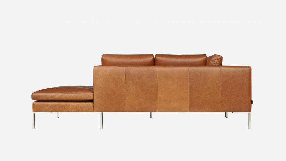 Sofá de 3 lugares com chaise longue direita em pele Vintage Leather - Castanho conhaque