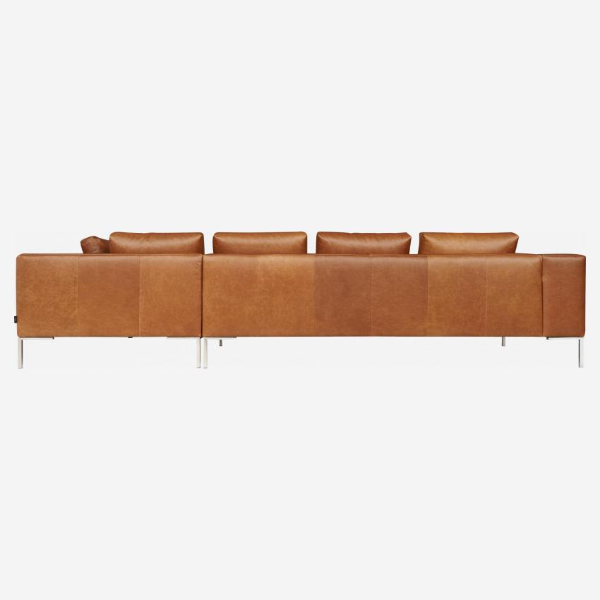 Sofá de 3 lugares com chaise longue direita em pele Vintage Leather - Castanho conhaque