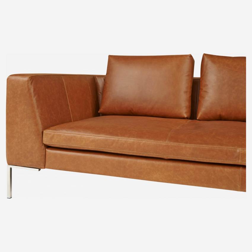 Sofá 3 plazas con chaise longue derecha de piel Vintage - Marrón coñac