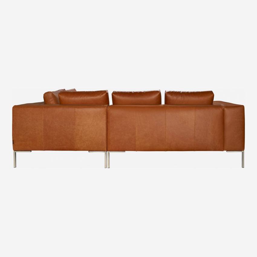 Sofá 2 plazas con chaise longue derecha de piel Vintage - Marrón coñac