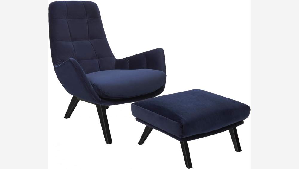 Fauteuil en velours - Bleu encre - Pieds noirs