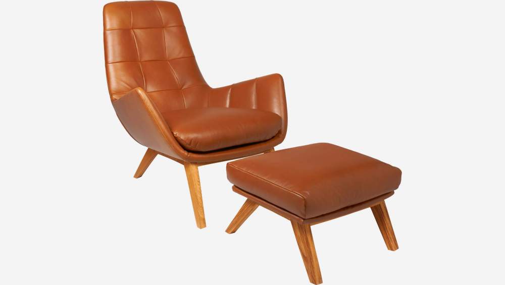 Sessel aus Vintage-Leder - Cognacbraun - Eichenfüße