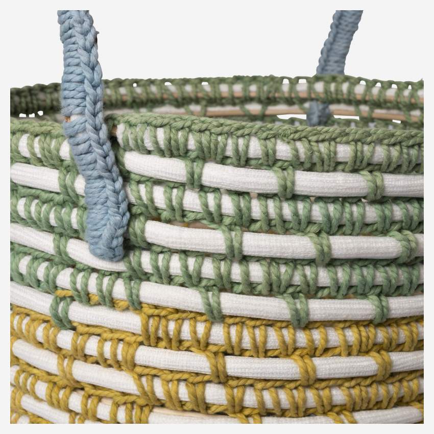 Cesto portaoggetti in rattan e cotone - 27 x 32 cm - Verde e giallo