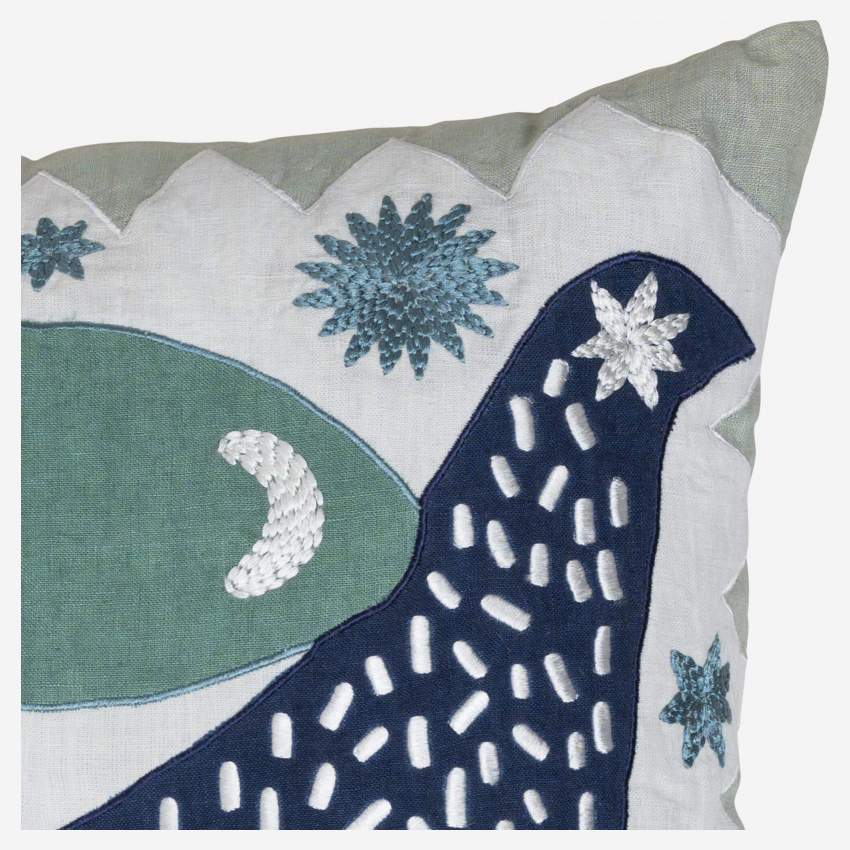 Cuscino in lino ricamato - 45 x 45 cm - Motivo uccellino - Design di Floriane Jacques