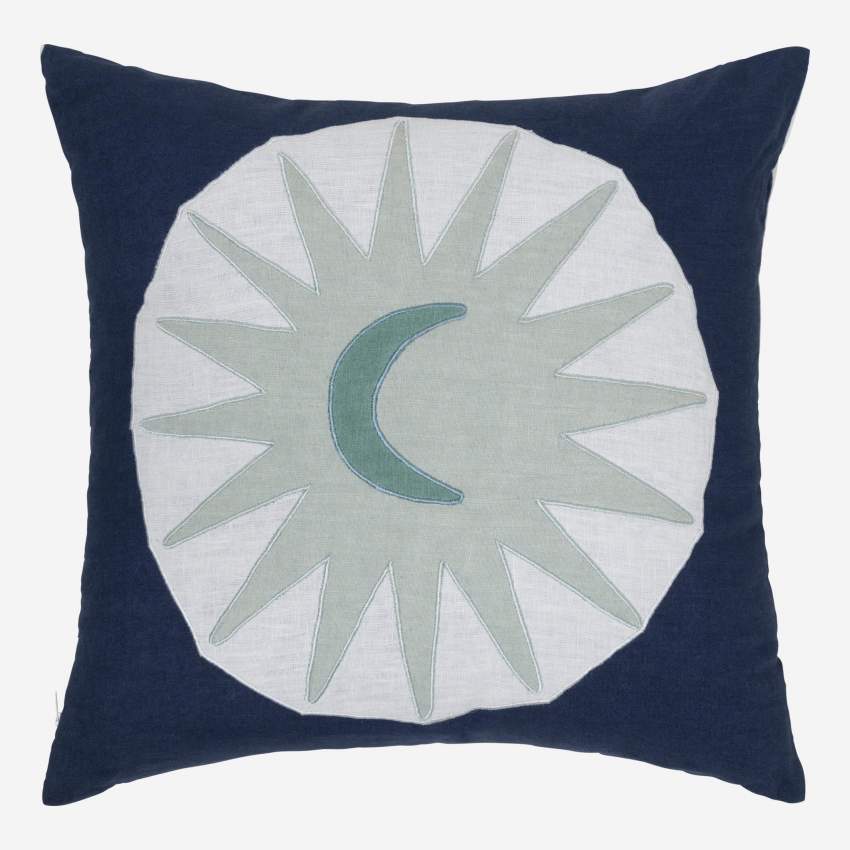 Cojín bordado de lino - 45 x 45 cm - Diseño luna - Design by Floriane Jacques