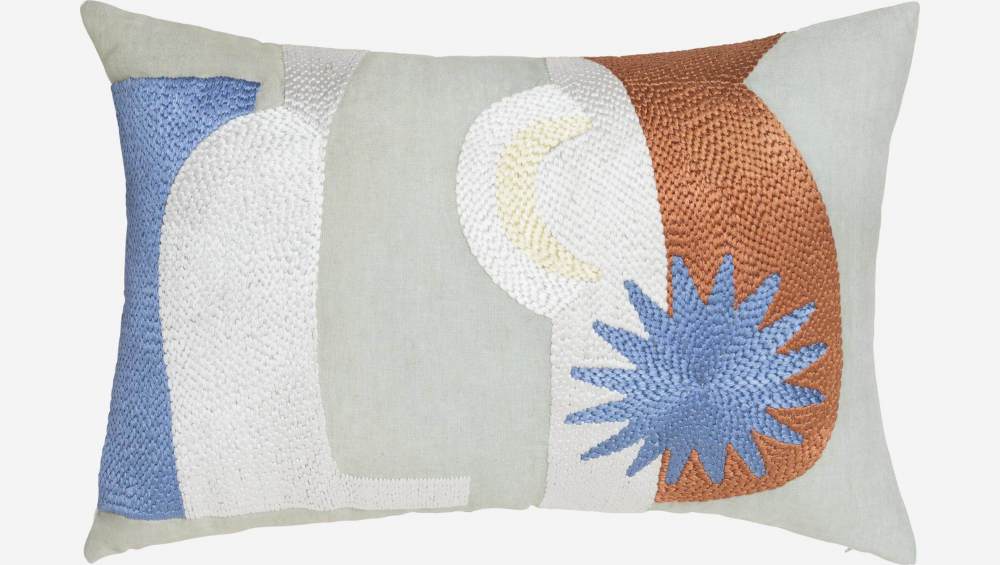 Cuscino in lino ricamato - 40 x 60 cm - Motivo luna - Design di Floriane Jacques