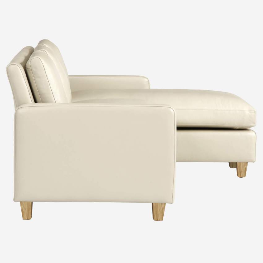 Canapé d'angle 2 places en cuir - Ecru - Pieds chêne