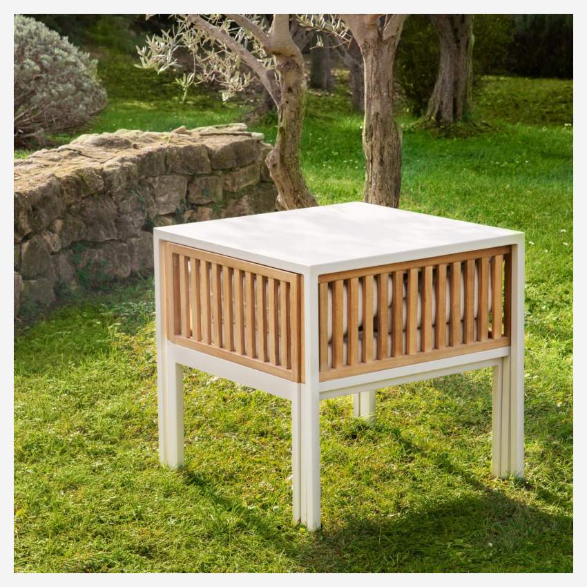 Salon de jardin avec 2 fauteuils et table en bois d'acacia et acier - Gris tourterelle