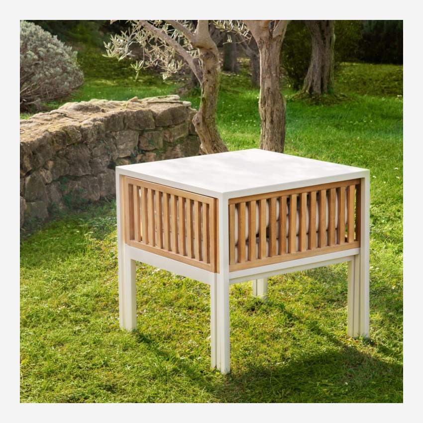 Salon de jardin avec 2 fauteuils et table en bois d'acacia et acier - Gris tourterelle
