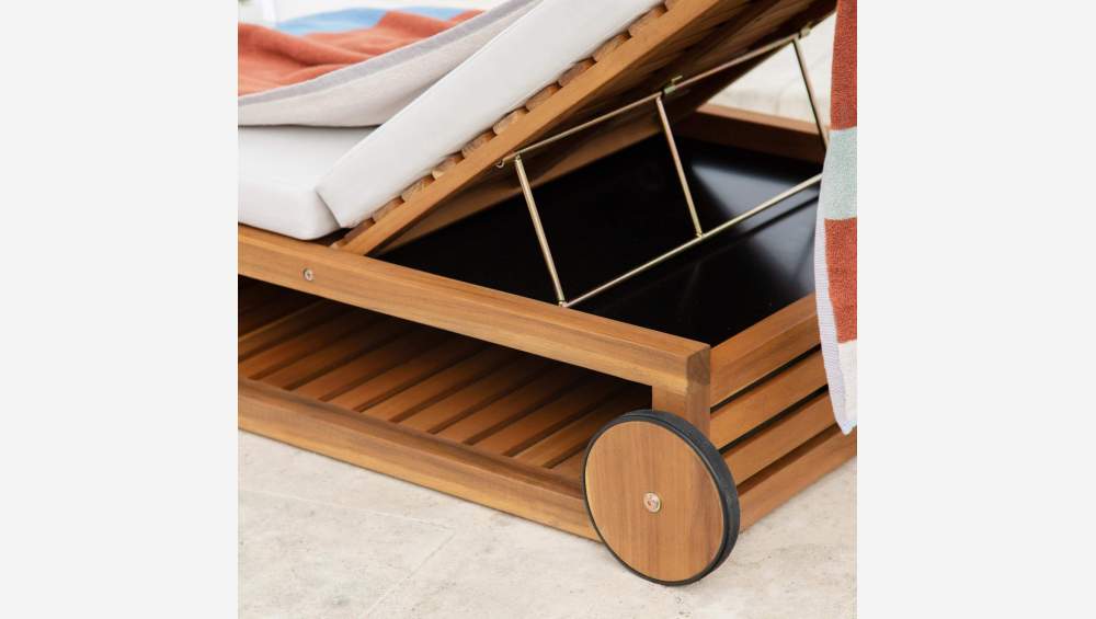 Espreguiçadeira em madeira de acácia com colchão em tecido - Cinzento-claro