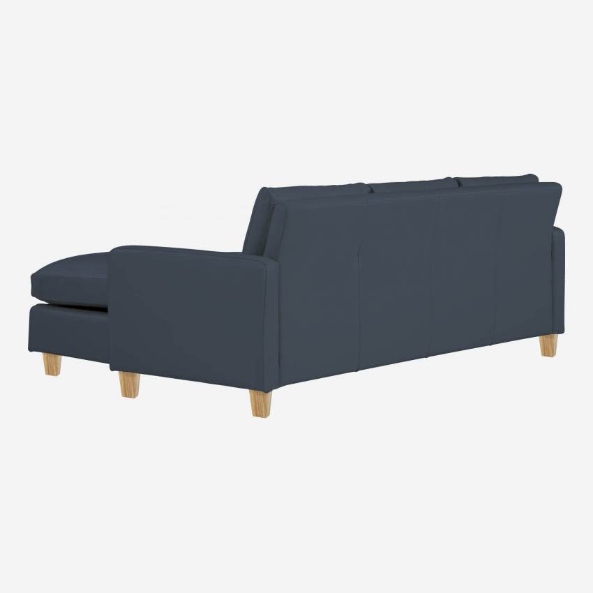 Canapé d'angle 2 places en cuir - Bleu - Pieds chêne