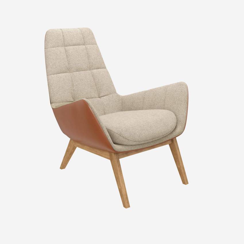 Sessel aus Lucca-Stoff in Acrylweiß und Vintage-Leder - Eichenfüße